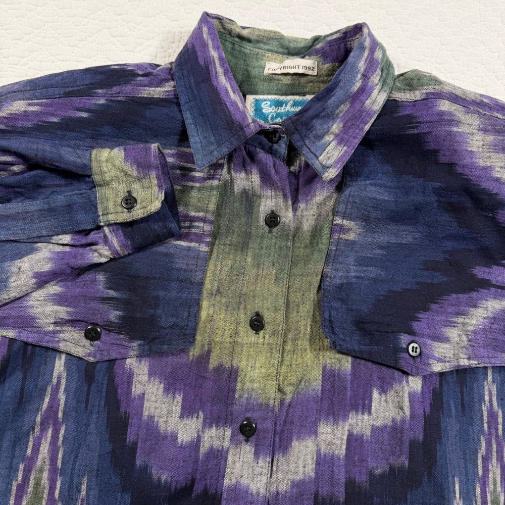 Southwest‎ Canyon Vintage 1992 Cotton Ikat Button Down Shirt Purple Green S